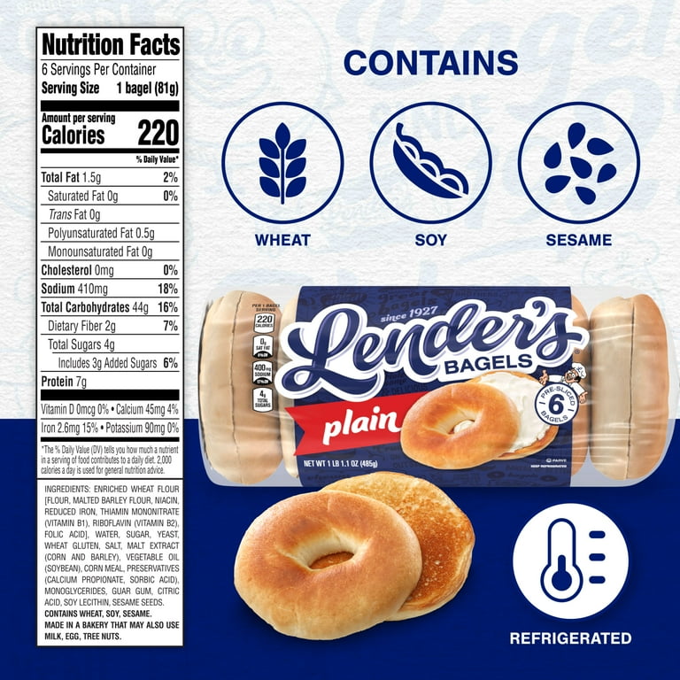 Lender’s Refrigerated Pre-Sliced Plain Bagel, 6 per Bag, 17.1 oz Bag