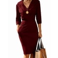 thumbnail image 2 of Women'S Work Dress 3/4 Sleeve V Neck Bodycon Sheath Dress Zipper Up Office Business Dresses with Belt Wine Red S, 2 of 5