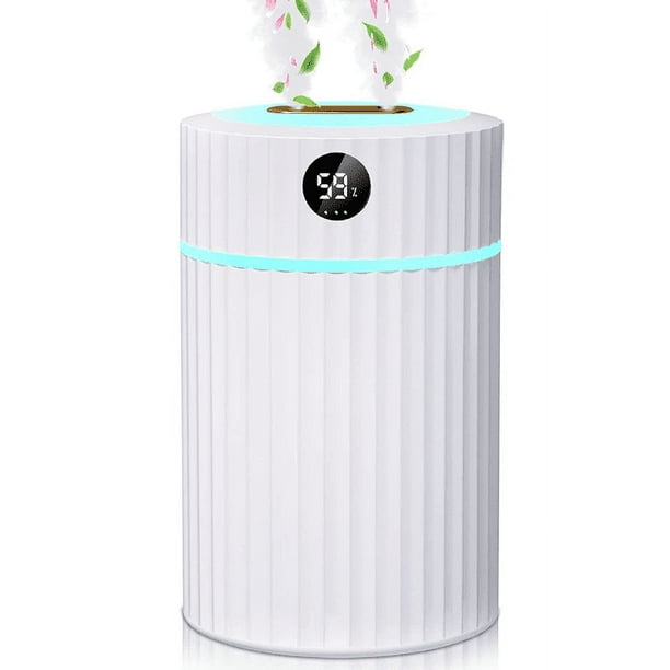 Humidificador de aire, humidificador ultrasónico silencioso de 2 l con termohigrómetro, boquilla doble, tiempo de funcionamiento de 36 horas, apagado automático, 7 LED (blanco) brillar Electrónica