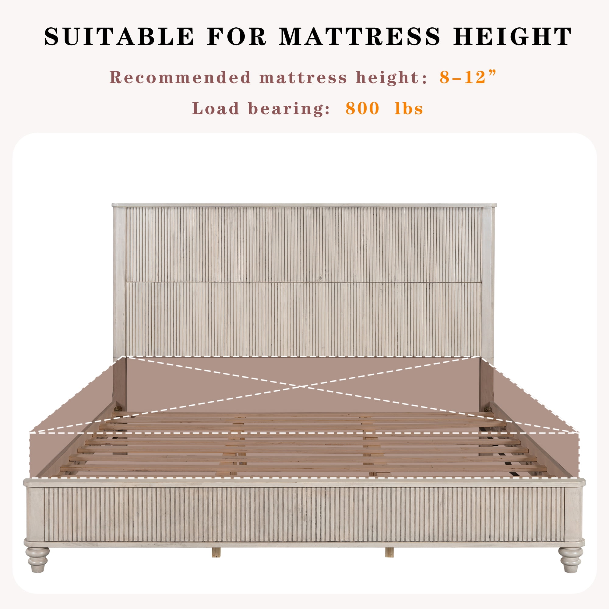 King Size Solid Wood Tall Headboard Platform Bed Frame with Headboard, No Box Spring Needed