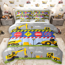 Manfei Boys Truck Tractor Twin Bedding Sets 7pcs, Construction Site Bedding Comforter Set, Transportation Theme Sheet Sets, Super Cozy Room Decor