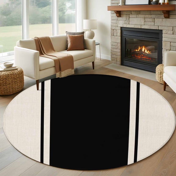 Round Area Rug 7 Ft, Black Vintage Washable Non-Slip Circle Carpet for Living Room/Bedroom, Geometric Stripes Simple Lines Low-Profile Large Runner Mat Collection Rugs for Indoor