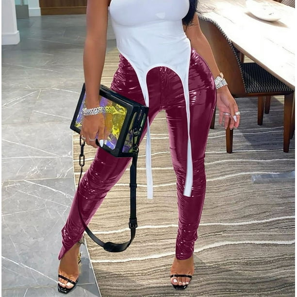 Leggings de cuero brillante con aberturas explosivas para mujeres