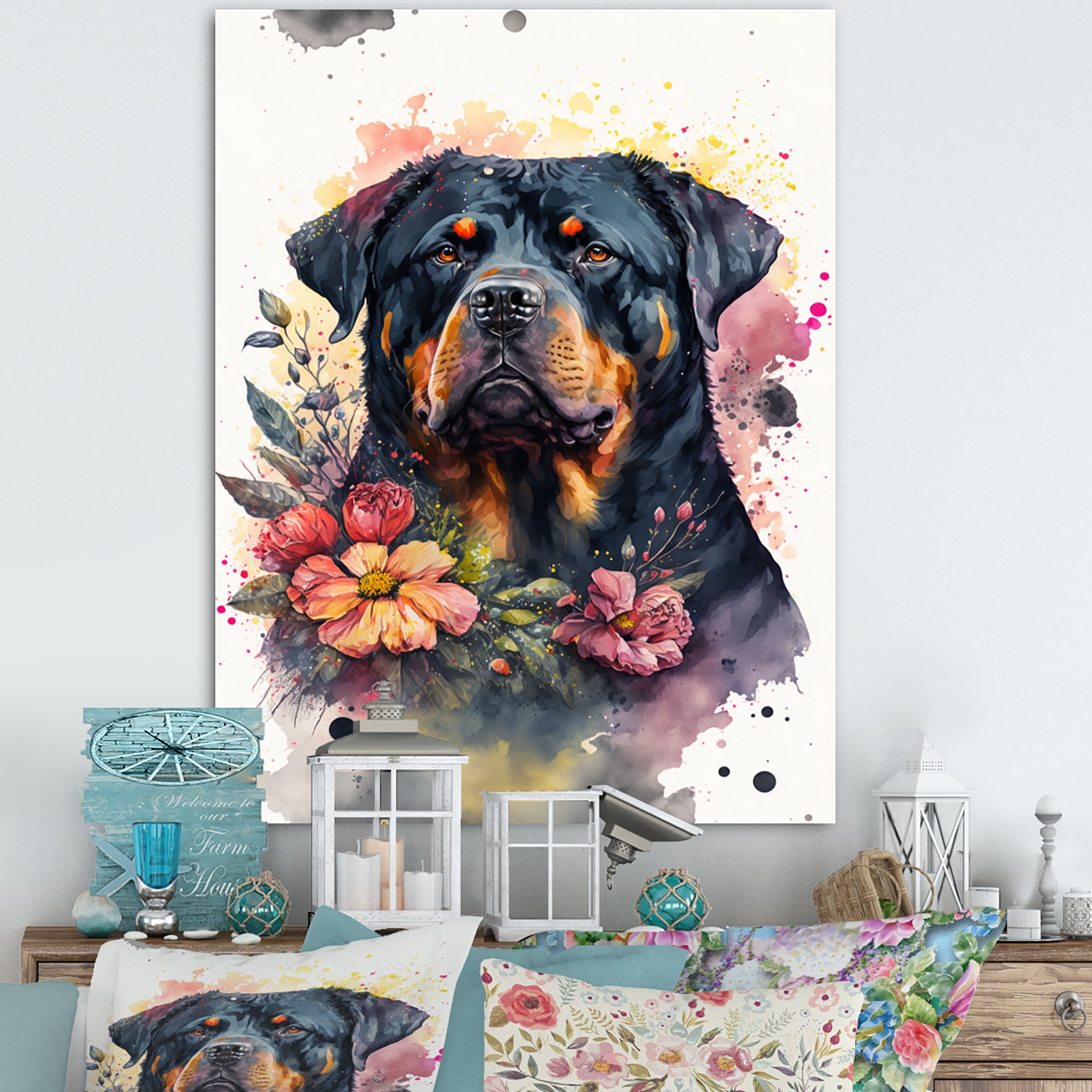 Designart Cute Rottweilers Floral Art I Canvas Wall Art