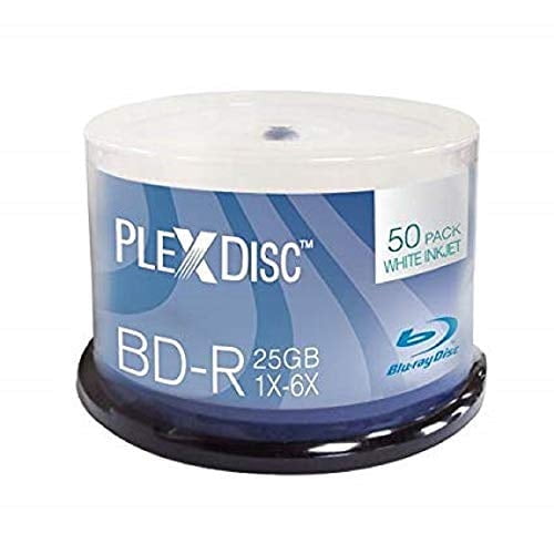 PlexDisc BD-R 25 GB 6X Blu-ray White Inkjet Printable Single Layer Recordable 50-Disc Spindle