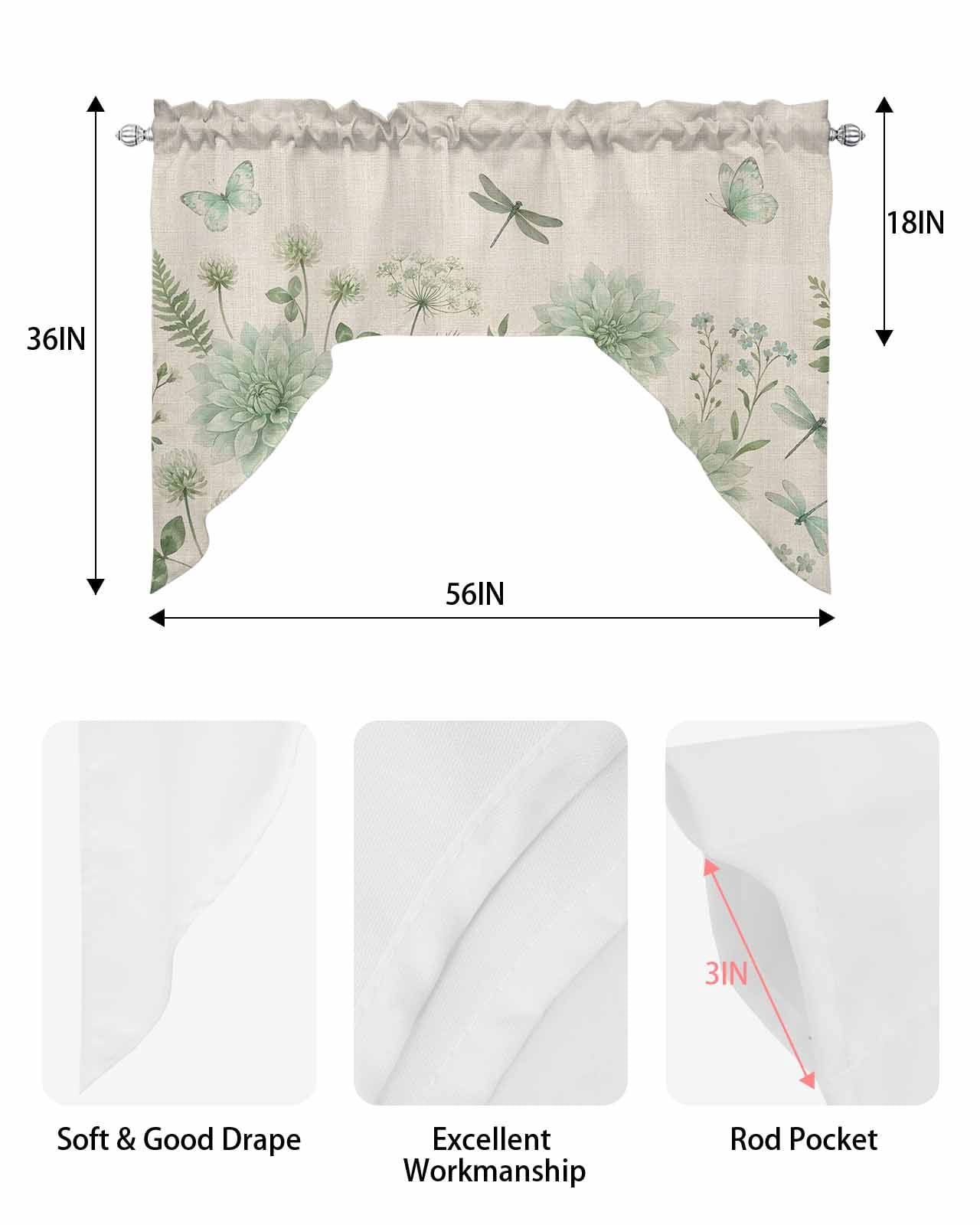Green Floral Swag Valances for Windows 56 x 36 Rod Pocket Light Filtering Window Topper Summer Spring Green Dragonfly Butterfly Linen Texture for Kitchen Bathroom Bedroom Living Room
