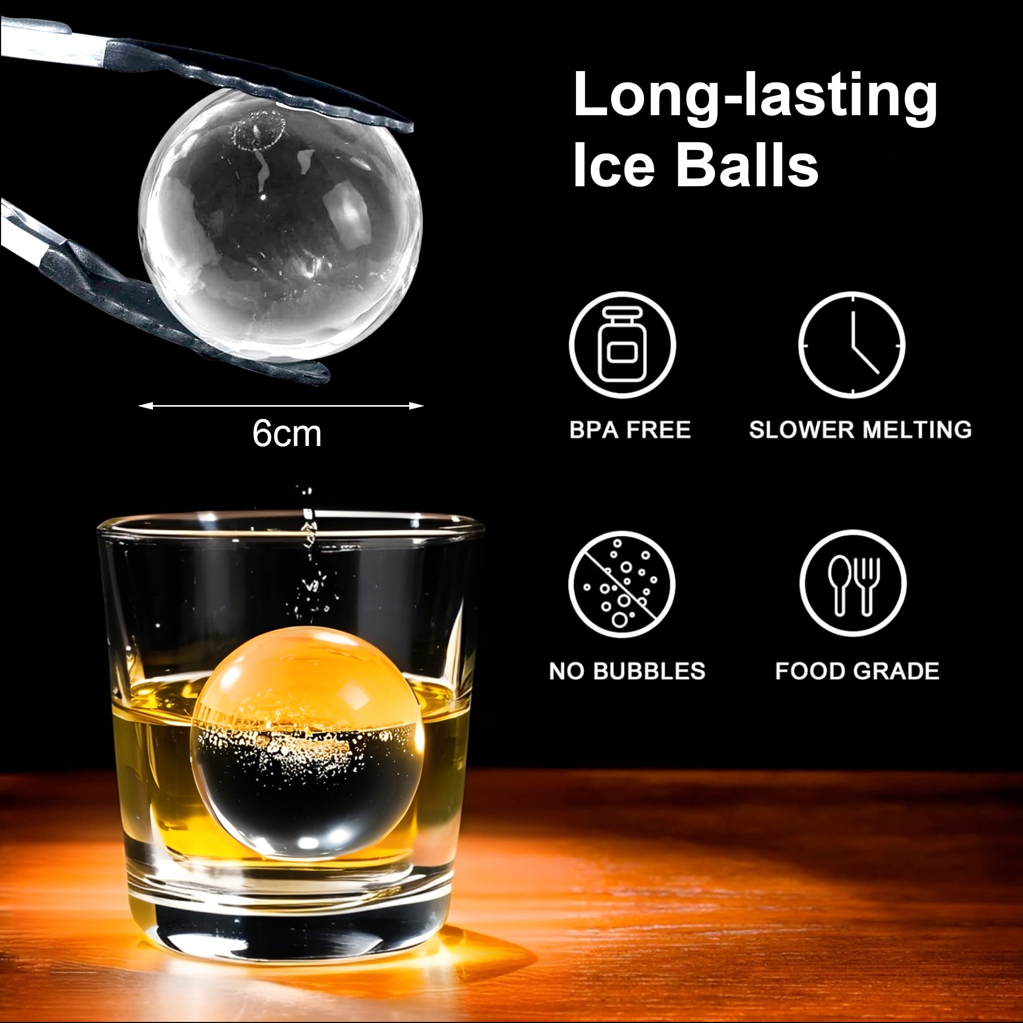 Suidhome Whiskey Ice Cube Tray, Ice Ball Maker Mold, 2.4 Inch Large Round Ice Molds, Best Gifts for Dad Husband, Black