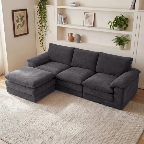 104" U Shape Cloud Couch with Movable Ottoman, Chenille Deep Seat Sofa with Soft Pillows, Black