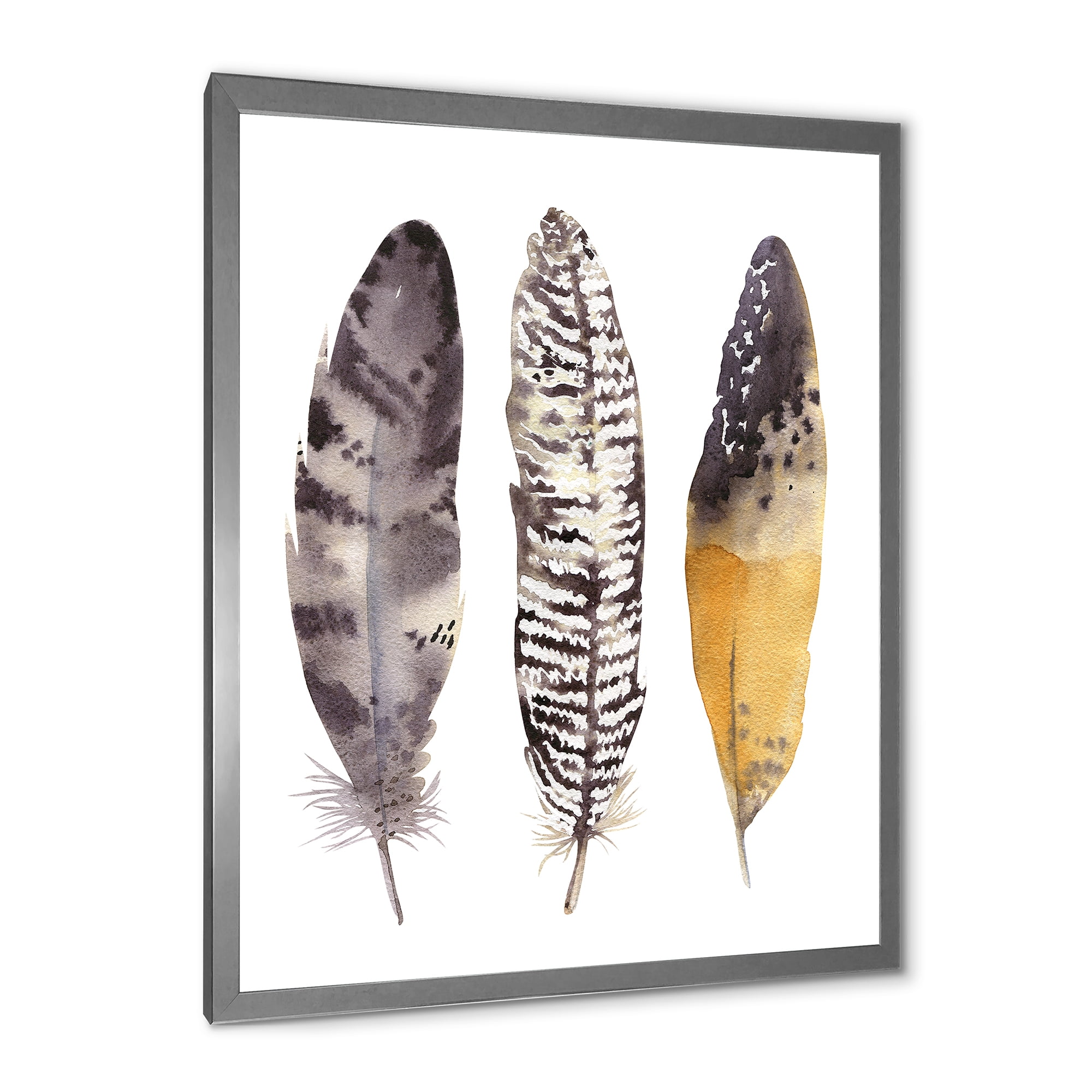 Designart 'Boho Ethnic Art Dark Gray Feathers III' Bohemian & Eclectic Framed Art Print