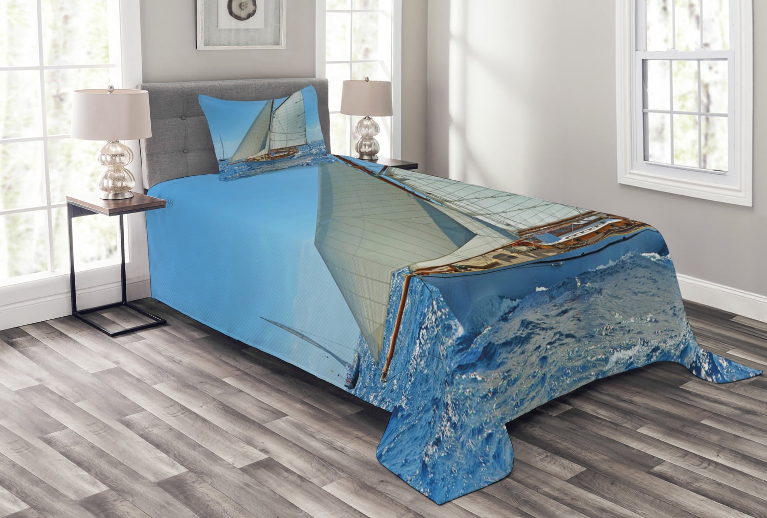 Nautical Bedspread Set Twin Size, Sailboat on the Sea Regatta Race