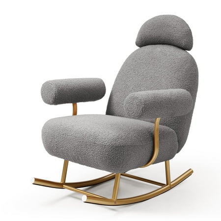 Modern Sherpa Fabric Nursery Rocking Chair - Grey Upholstered Rocker Glider Chair with Gold Metal Frame - Comfy Armchair for Baby and Kids - Leisure Sofa Chair for Nursery/Bedroom/Living Room/Office