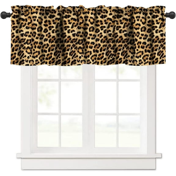 Leopard Print Valance Curtain Wild Safari Skin Pattern Cheetah Cat Black Brown Fur Wildlife Rod Pocket Valance Window Treatments 1 Panel Short Curtains for Kitchen Farmhouse 54 x 18 in