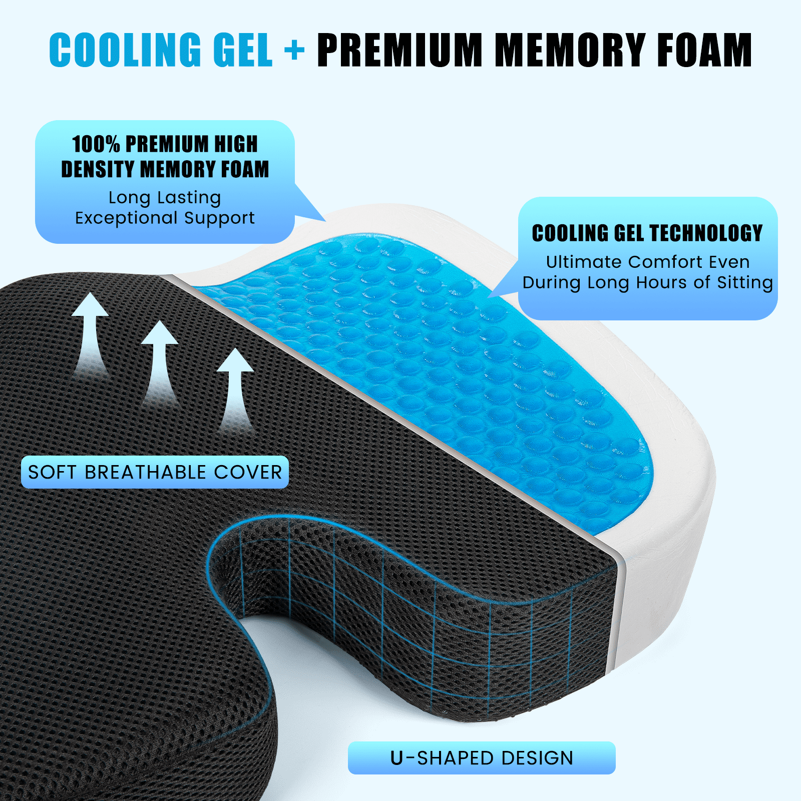 Cshidworld Gel Enhanced Seat Cushion for Office Chair Car Seat, Airplane - Gel & Memory Foam Coccyx Cushion for Tailbone Pain - Chair Car Seat Cushion Driving - Sciatica & Back Pain Relief (Black)