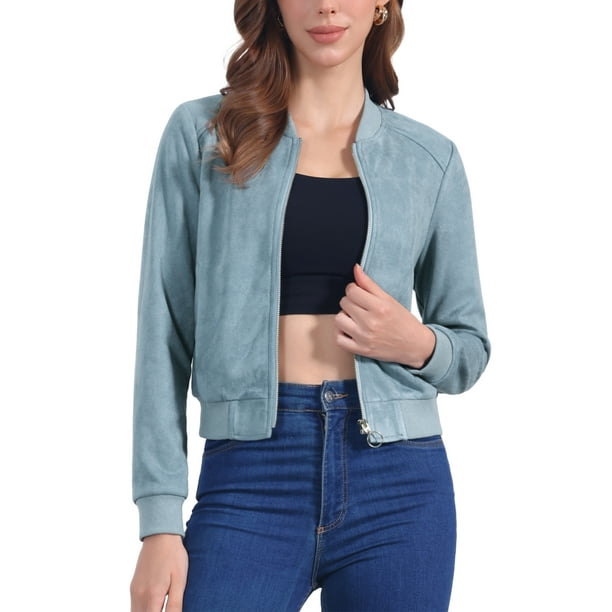 Chaqueta de mujer INSPIRE CHIC de ante sintético, abrigo corto, con cuello de pie, cierre de cremallera, chaquetas de moto bomber XS gris azul
