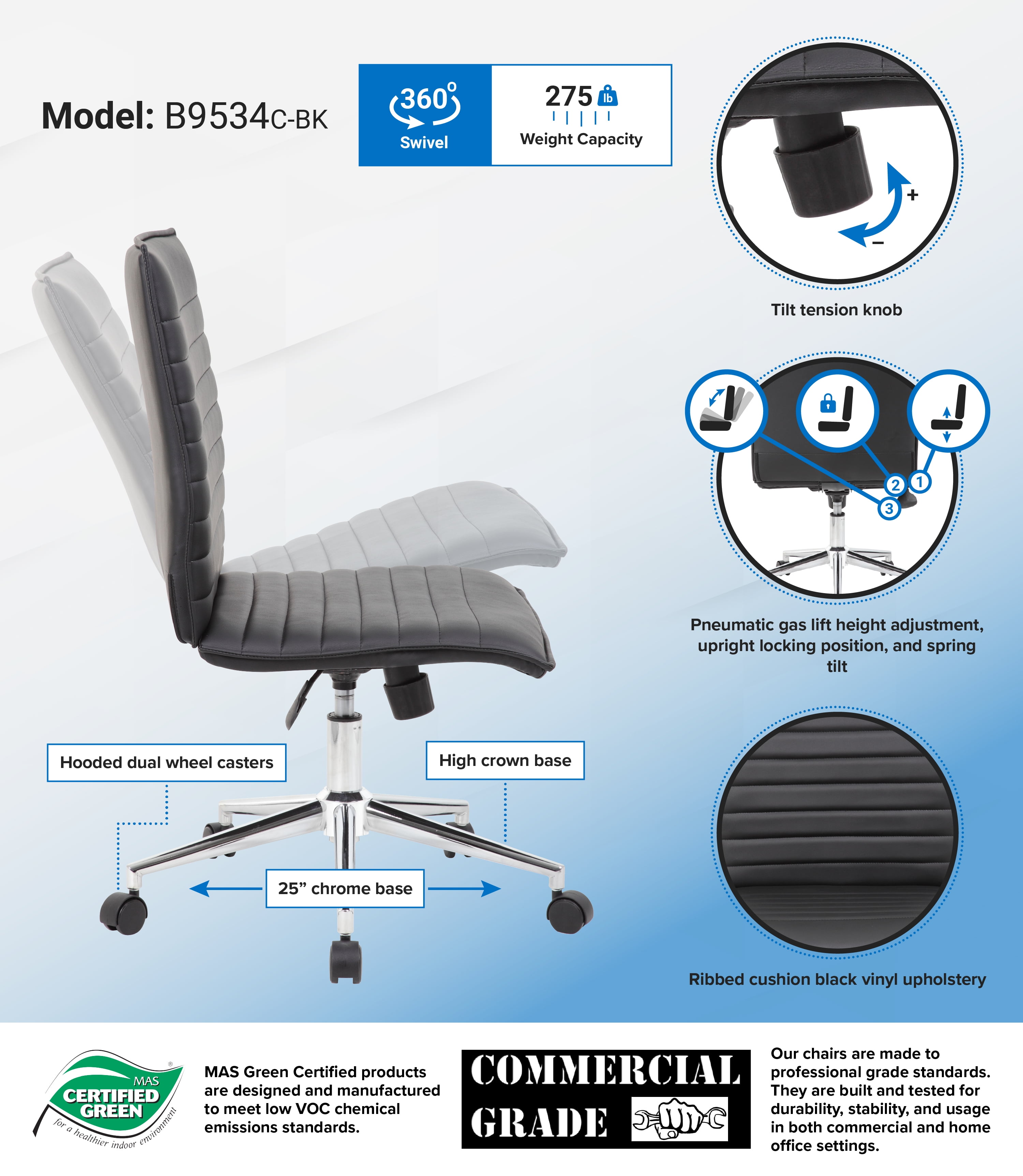 Boss Office Products Vinyl Armless Hospitality Task Chair with Casters, Black