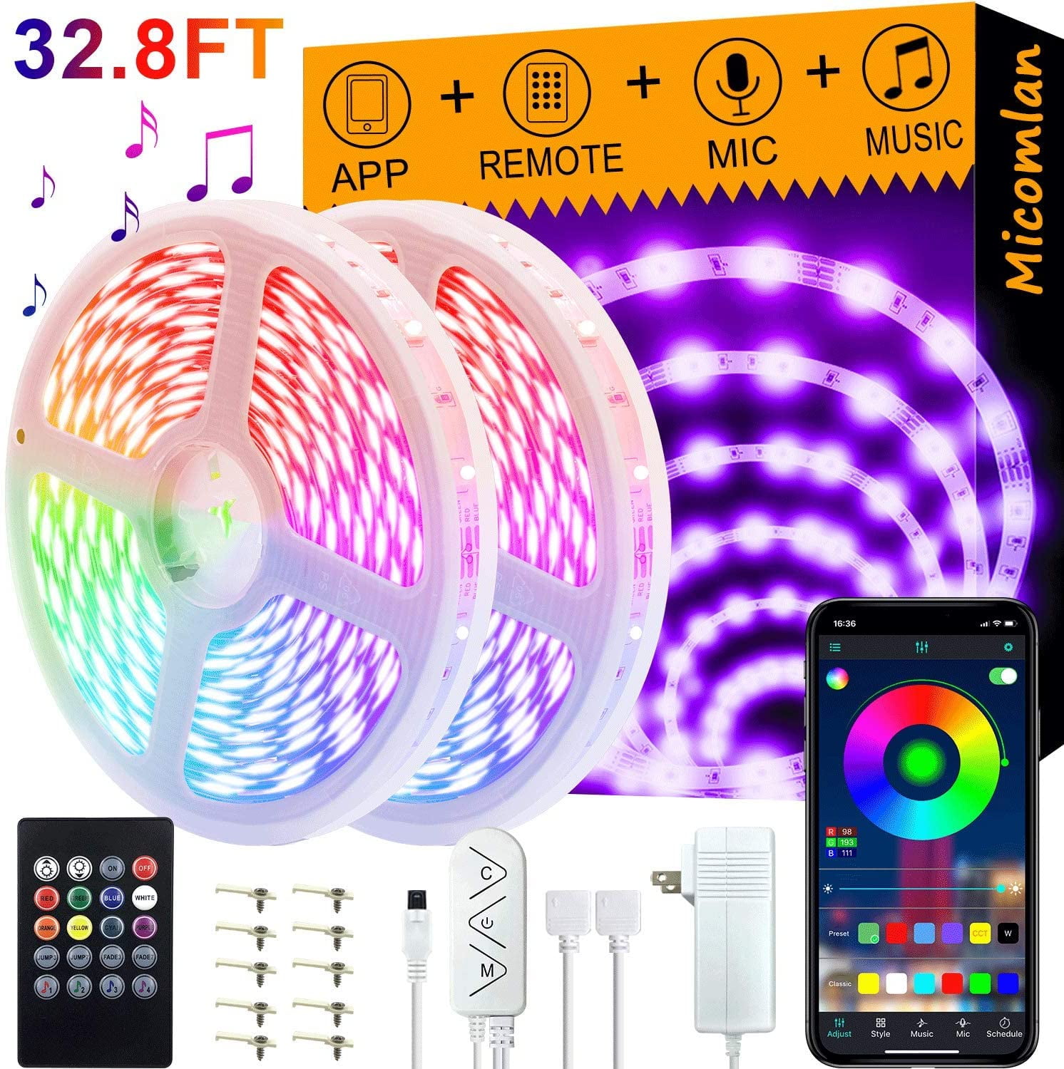 LED Strip Lights,Music Sync Color Changing RGB LED Strip Builtin Mic