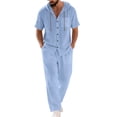 thumbnail image 2 of gbyLJF Men's 2 Pieces Cotton Linen Set Casual Short Sleeve Button Up Hoodie & Long Pants Beach Vacation Summer Outfits, 2 of 8