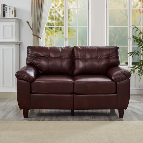 59" Loveseat Modern Design Faux Leather Couch, Living Room Sofa with Storage, Big Armrest Sofa, Upholstered Breathable PU Leather Sofa (Burgundy)