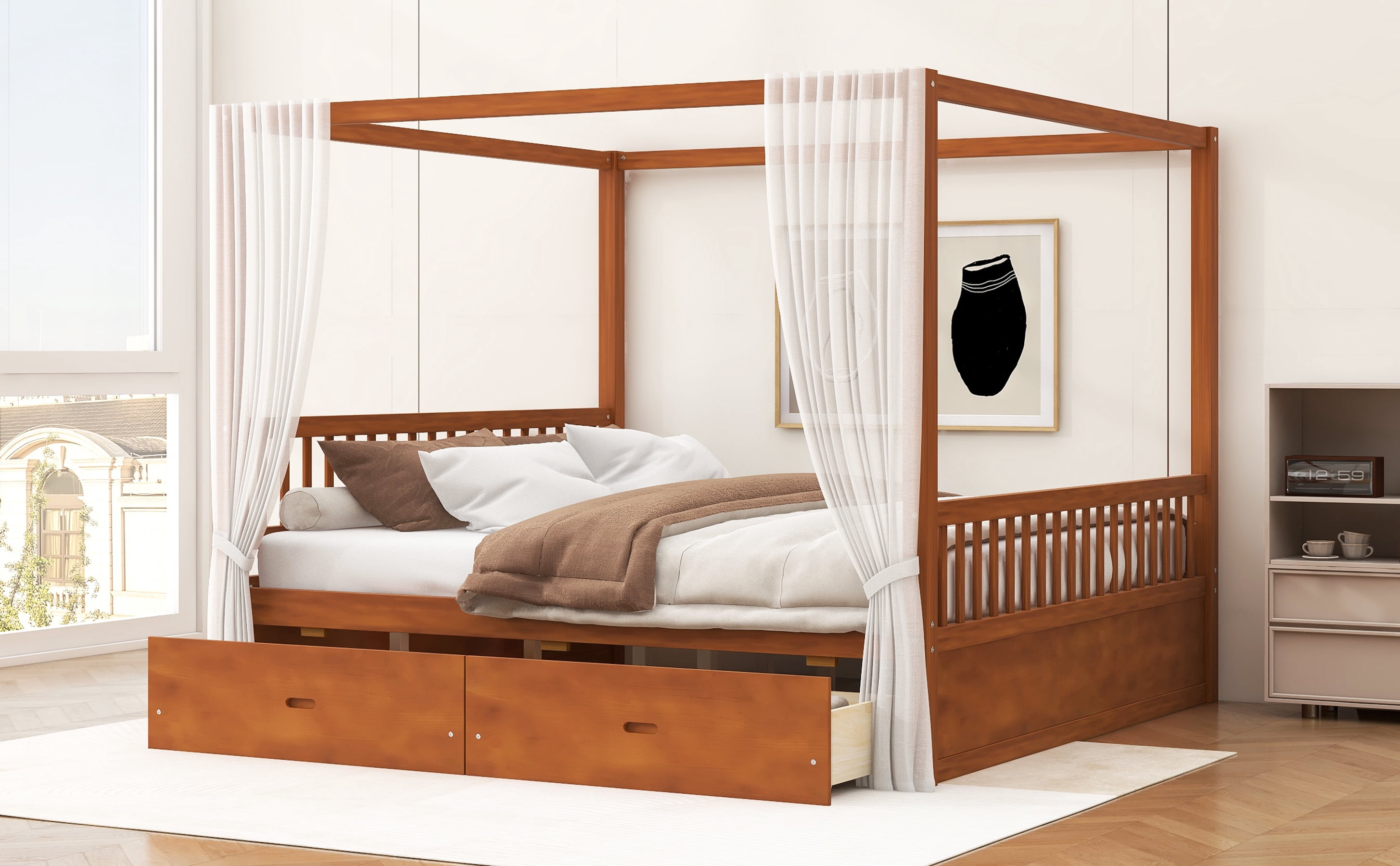 Mintazer King Size Canopy Bed with 2 Storage Drawers, Platform Bed Frame with Slatted Guardrails, No Box Spring Needed, Walnut