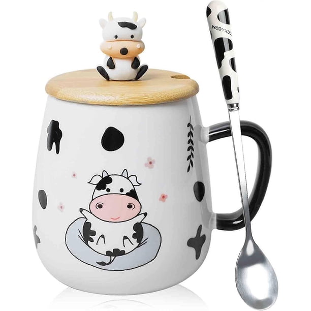 Cute Cow Coffe Mug with Cover and Spoon, Ceramic Cow Coffee mug, 420ml Kawaii Cow Mugs, 3D Animal Cow Mug Prefect Gifts For Boys Girl Women Kid (Happy