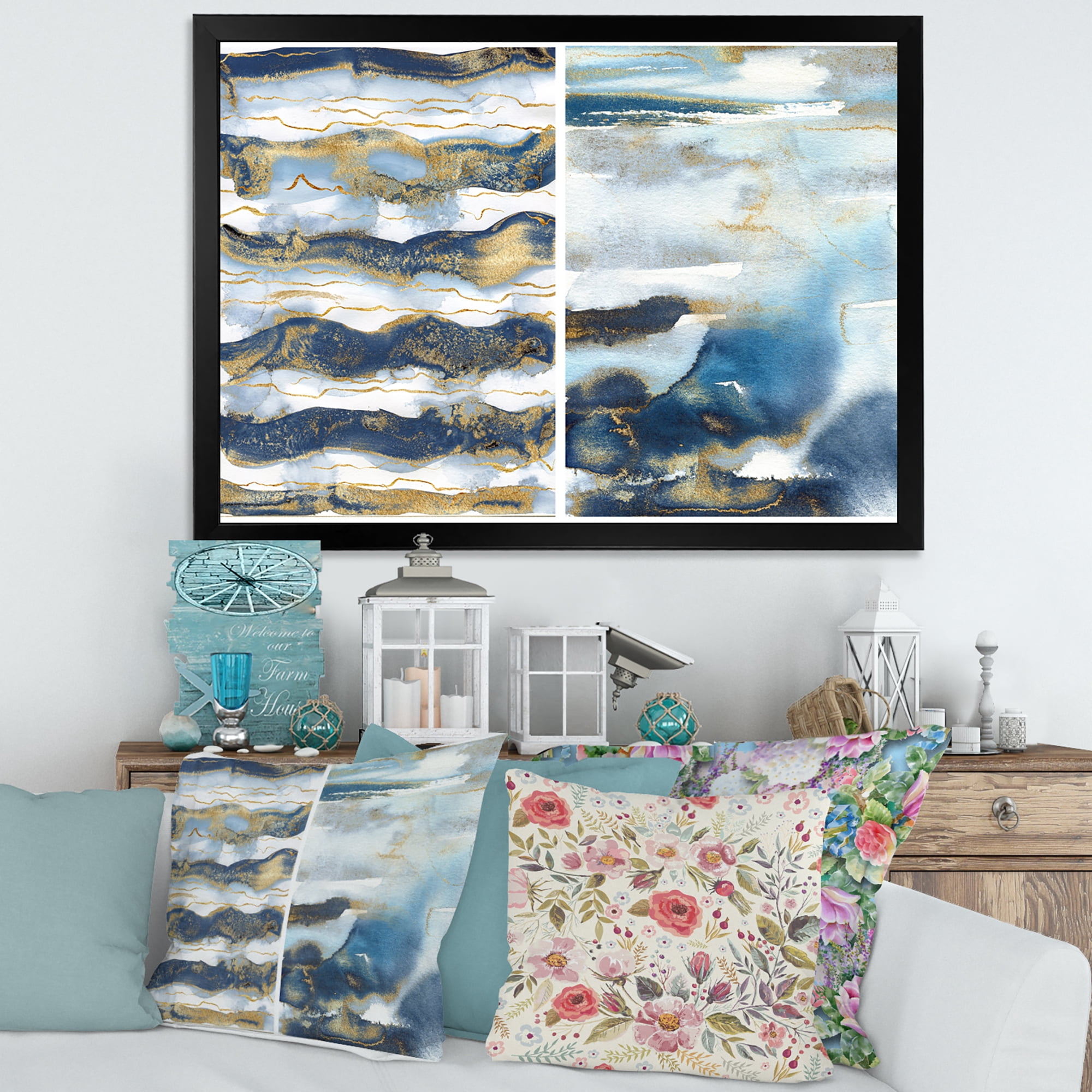 Designart 'Gold and Dark Blue Abstract Waves II' Modern Framed Art Print