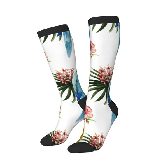 Knee High Socks for Women Men Athletic - Cute Parrot Flower Monstera Thigh-High Black Sole Comfort Breathable Long Socks for Casual Travel Running