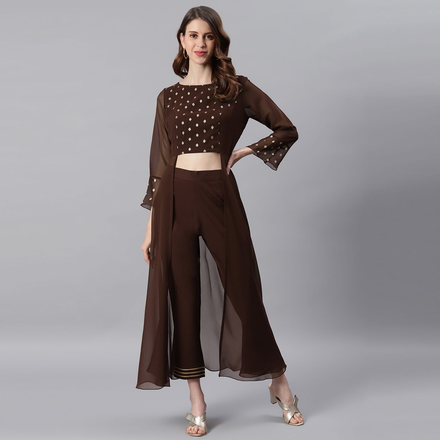 Janasya Indian Round Neck 3/4 Sleeve Ethnic Motifs Brown Georgette Top With Pant For Women - image 3 of 8