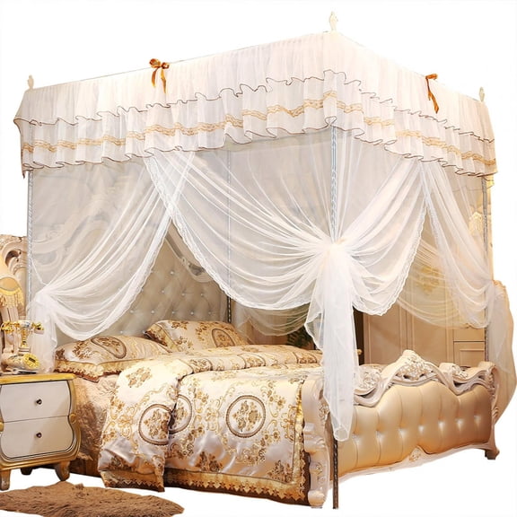Fyydes 4 Corners Post Three Side Openings Bed Canopy Curtains Drape Canopy Bed Netting for Full Bed for Adult and Chidren