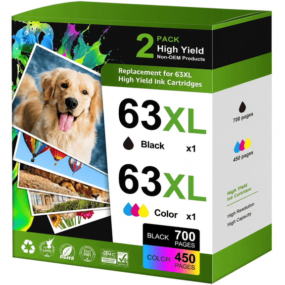 63XL Ink Cartridges Combo Pack Compatible for 63 ink cartridges for Officejet 3830 4650 5200 5255 Envy 4520 4512 Deskjet 1112 3630 Printer ( 2-Pack)