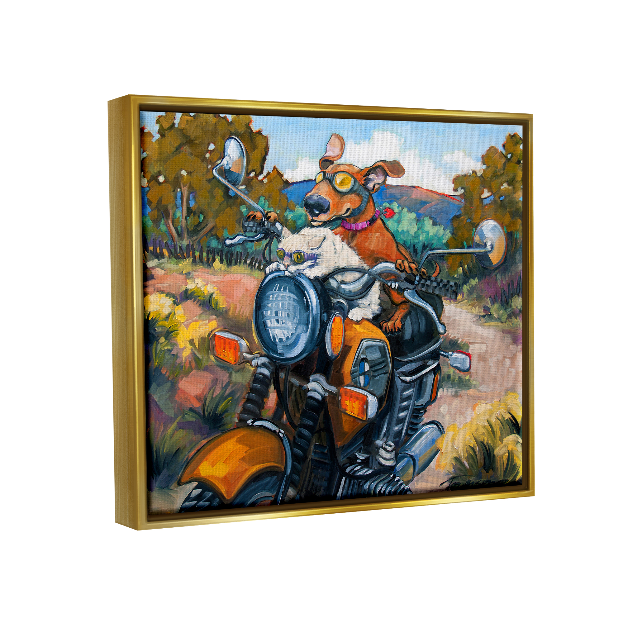 Stupell Industries Cat & Dog on Motorcycle Animals & Insects Painting Gold Floater Framed Art Print Wall Art, 31 x 25