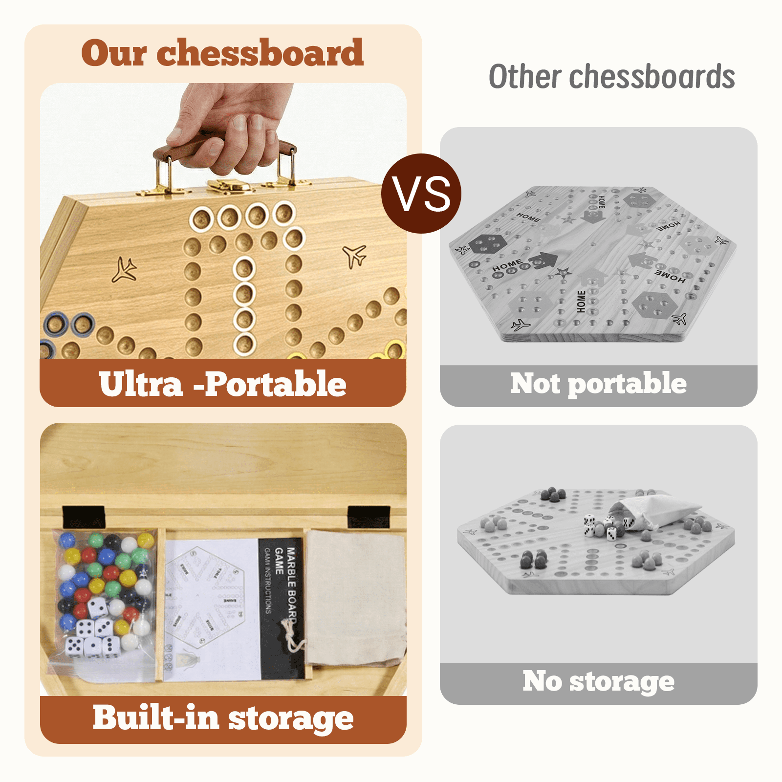 Grhonior Folding Wooden Wahoo Aggravation Marble Board Game Set Classic 6 Player with Integrated Accessory Storage 1 Pack Large 21 Inch
