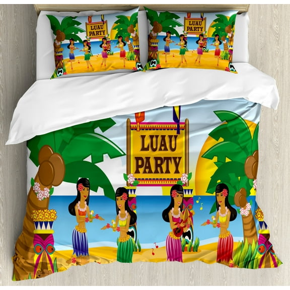 Tiki Bar Duvet Cover Set King Size, Hawaiian Luau Party in Funny Cartoon Style Dancers on Beach Festive Tradition, Decorative 3 Piece Bedding Set with 2 Pillow Shams, Multicolor, by Ambesonne