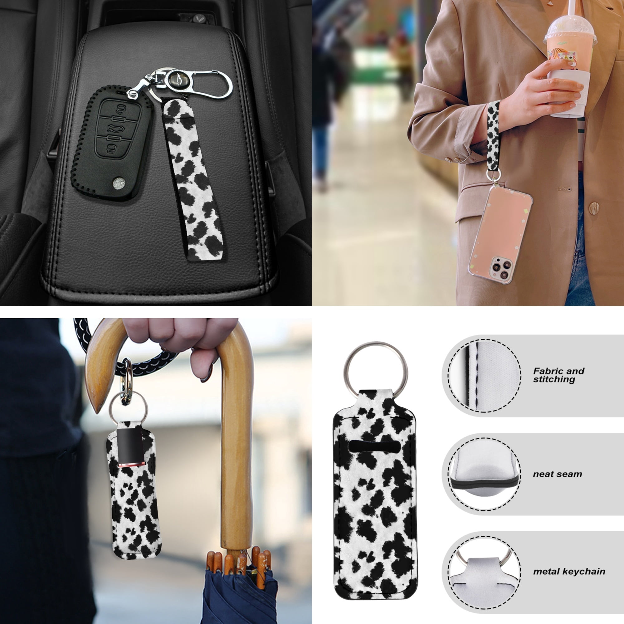 Jeiento Cow Print Car Seat Cover Set with Steering Wheel, Seat Belt Strap, Armrest, Coaster, Keychain, Lipstick Holder Black Universal Automobile Interior Sets Fit SUV, Sedan, Van, Truck