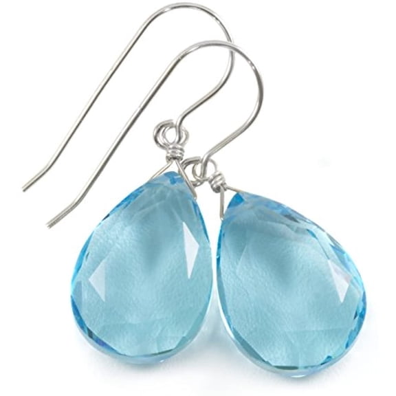 Sterling Silver Aqua Blue Simulated Aquamarine Earrings Faceted Teardrops Simple Dangle Drops 1.4" for Adult Women