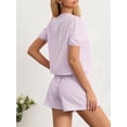 thumbnail image 6 of Biezeib Women's Plaid Outfit, Loose V Neck Puff Sleeve Front Tie-Up Tops Elastic Waist Shorts 2 Piece Summer Set, 6 of 6