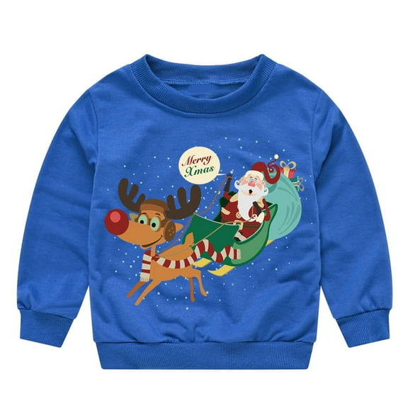 SonxaHe Toddler Girl Boy Sweatshirt Christmas Reindeer Print Long Sleeve Holiday Cozy Party Loose Fall Winter Sweatshirt Blue,Sized 2-3
