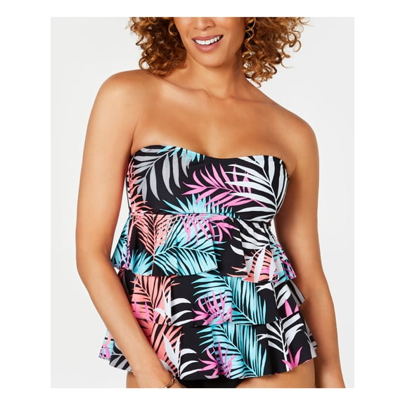 ISLAND ESCAPE Women's Black Tropical Print Stretch Removable Strap And Cups Tiered Adjustable Bandini Swimsuit Top 6