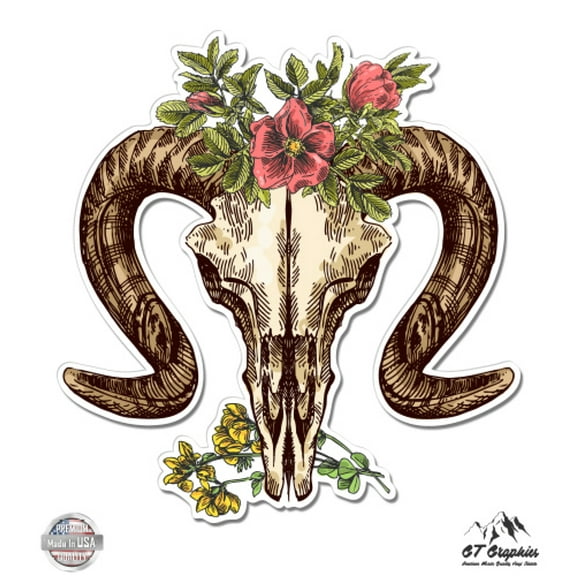Ram Skull With Flowers Modern Boho Trendy - 3" Vinyl Sticker - For Car Laptop I-Pad Phone Helmet Hard Hat - Waterproof Decal