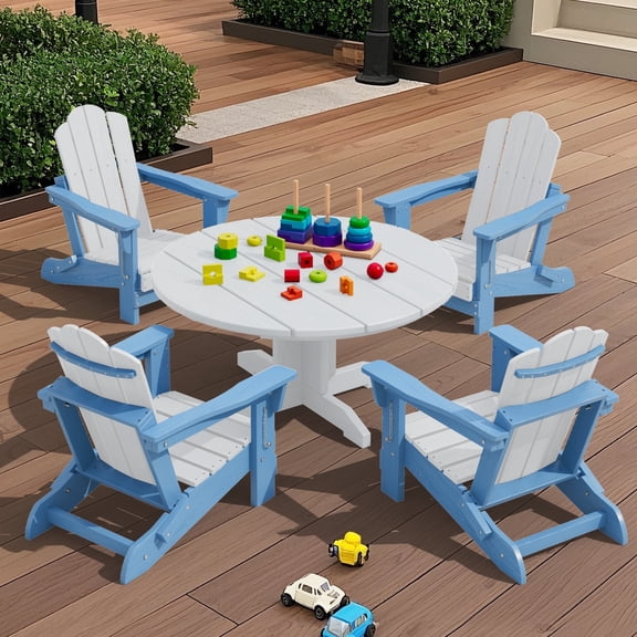 JUSTLET 4-Piece Kids Foldable Adirondack Chairs, Lightweight HDPE Outdoor Chair, Weather-Resistant, Portable Children's Furniture Set,Blue and White