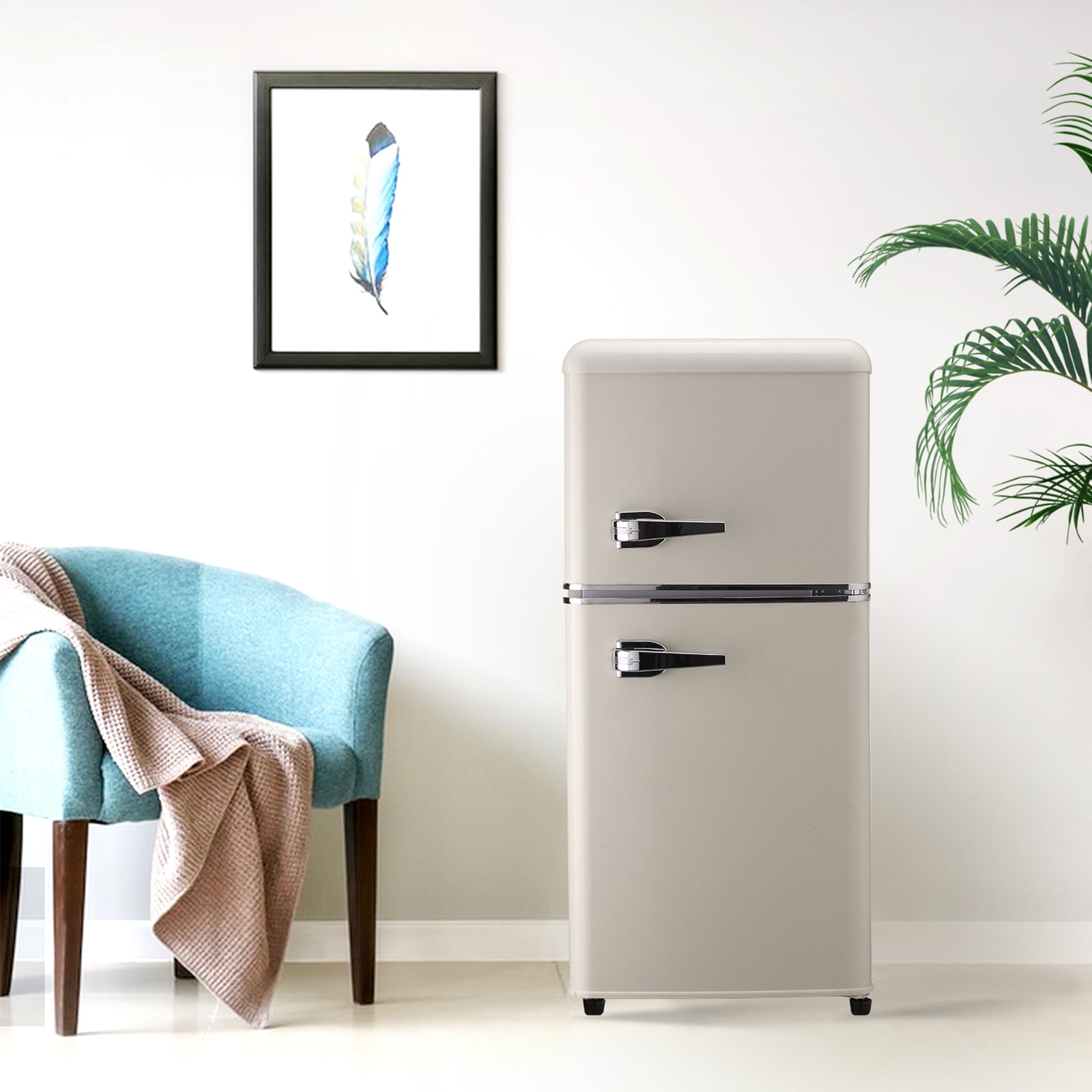 Prilinex 3.2 Cu.ft Mini Refrigerator with Freezer, Retro Small Refrigerator with Adjustable and Removable Double Doors, Energy Saving, Adjustable Thermostat, Low Noise, Cream