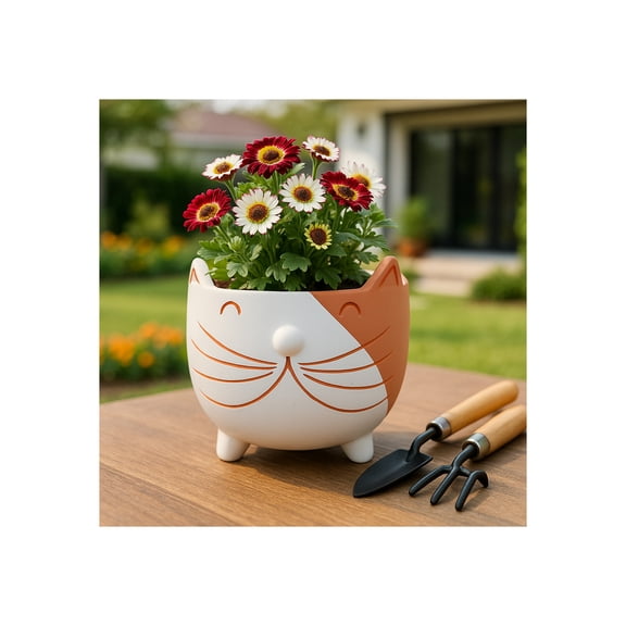 Decorative Kitty Whiskers Footed Ceramic Planter for Home Decor - Stylish Flower Pots for Indoor and Outdoor Decor Spaces - Cute Plant Pots, Pots for Plants, and Plant Stand Indoor - 6", White & Tan