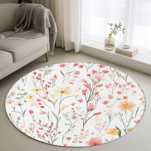 Elegant Spring Floral Round Area Rug 4 FT, Non Slip Indoor Outdoor Rug, Botanical Summer Flowers Washable Soft Circular Carpet Non-Shedding Floor Mat for Coffee Table Nursery Foyer Balcony