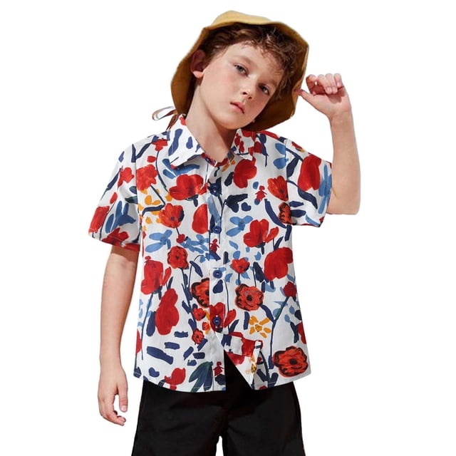 Chemises Garçons Été Plage Hawaïenne Florale Manches Courtes Décontracté Chemise à Col Rouge 7-8 Ans