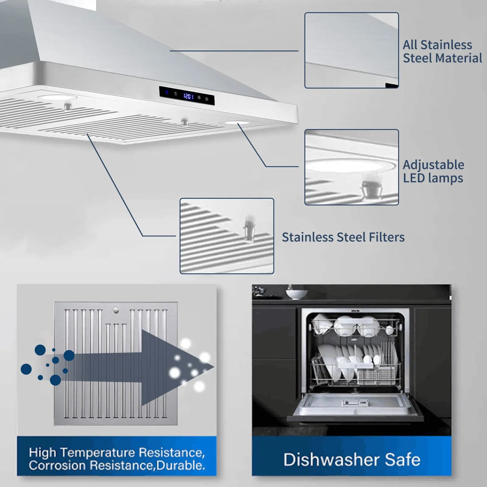 Wall Mount Range Hood 30 Inch Kitchen Hood 700 CFM ,Touch Control,Permanent Filters, Stainless Steel, 3 Speed Exhaust Fan, LED