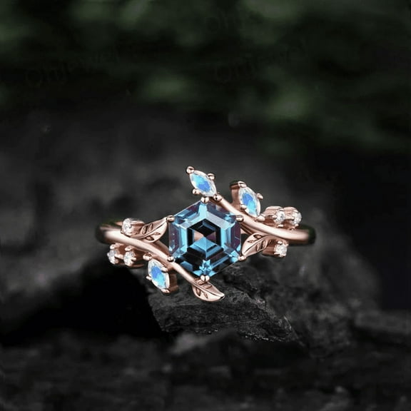 Twig Hexagon Cut Alexandrite Engagement Ring- 14k Rose Gold Vermeil- Leaf Nature Inspired Moonstone Wedding Ring