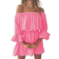 thumbnail image 1 of Women Dress Off Shoulder Solid Color Clothing 1 3 Ruffled Sleeve Fall Dress, Pink, L, 1 of 6