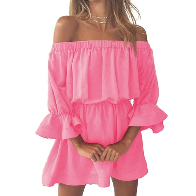 Women Dress Off Shoulder Solid Color Clothing 1 3 Ruffled Sleeve Fall Dress, Pink, L