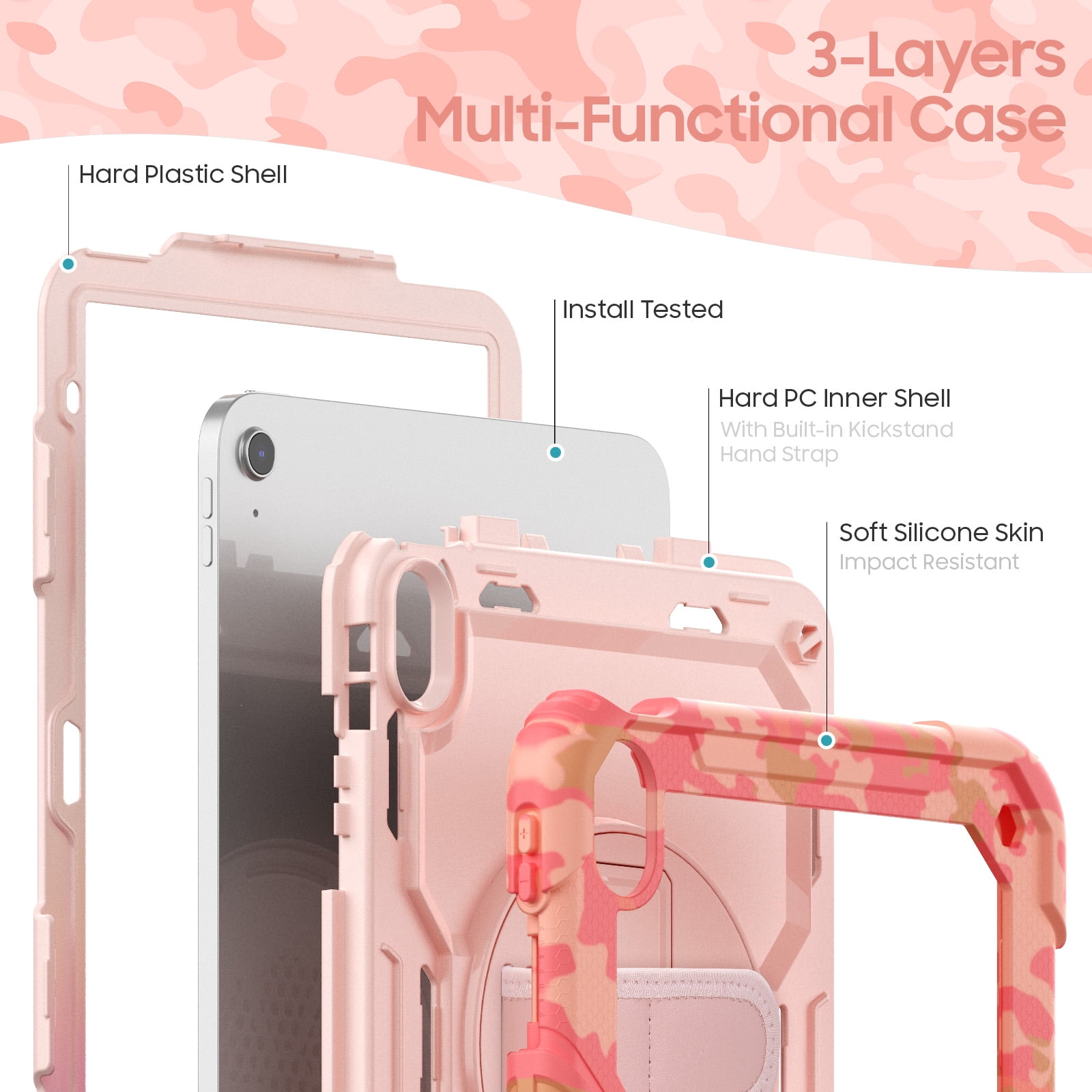 ELEHOLD Rugged Case for iPad 11th(A16) 2025/10th 2022, 360° Rotating Kickstand Hand Shoulder Strap Pencil Holder Built-in Screen Protector Full-Body Shockproof Protective Cover,Pink