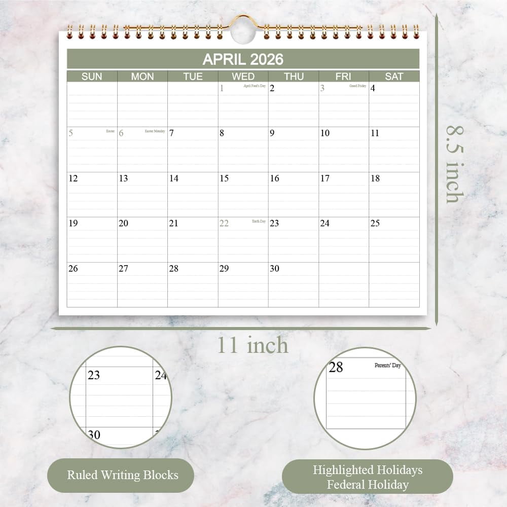 2026-2027 Calendar- Wall Calendar 2026-2027 Runs from April 2026 to June 2027-15 Months Calendar with Thick Paper for Home or Office, 8.5 x 11 Inches, Green