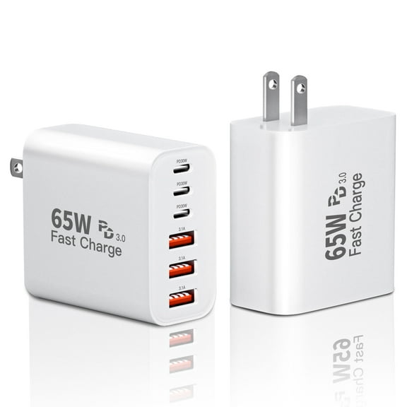 65W GaN USB C Charger Block,2-Pack 6-Port Fast Charging Wall Charger with PD & QC,3 USB-C & 3 USB-A Multiport Charging Cube Brick for iPhone 17/17 Air/17 Pro/17 Pro Max/16/15/14/13/12/11,iPad,AirPods